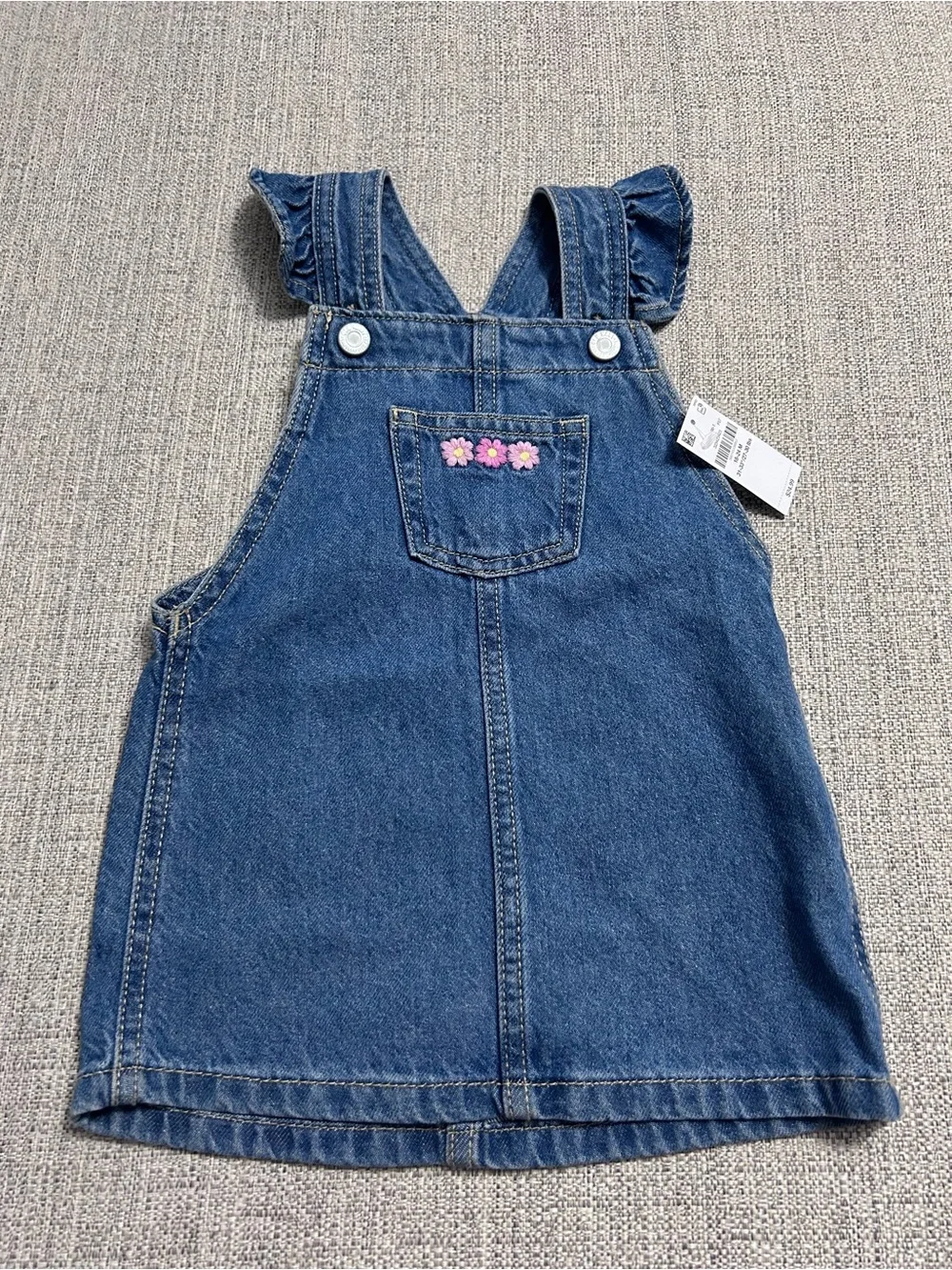 Old Navy Denim Pinafore Dress w Pink Flower Embroidery. NWT Size 18-24M Cotton